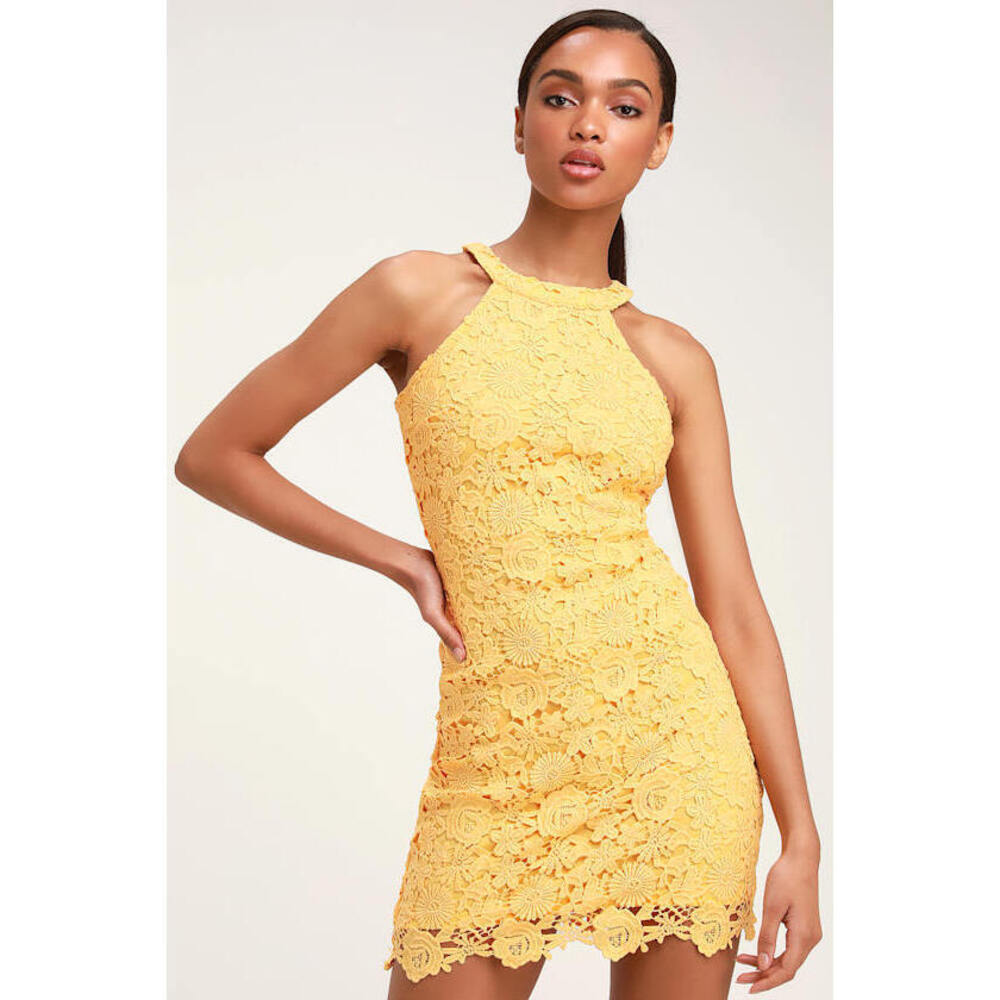 Lulus Love Poem Yellow Lace Dress - Size L